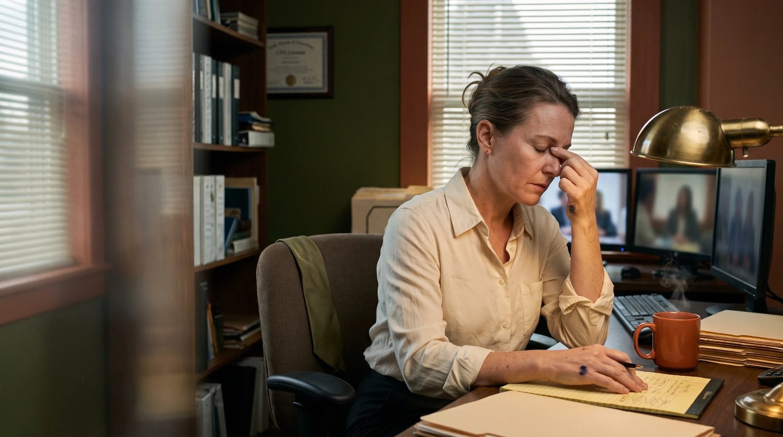 A tired accountant in a cream shirt pinching the bridge of her nose at a desk with a yellow legal pad, file folders, an orange mug, and a brass lamp, with a video meeting on her monitors and a framed CPA license on the wall