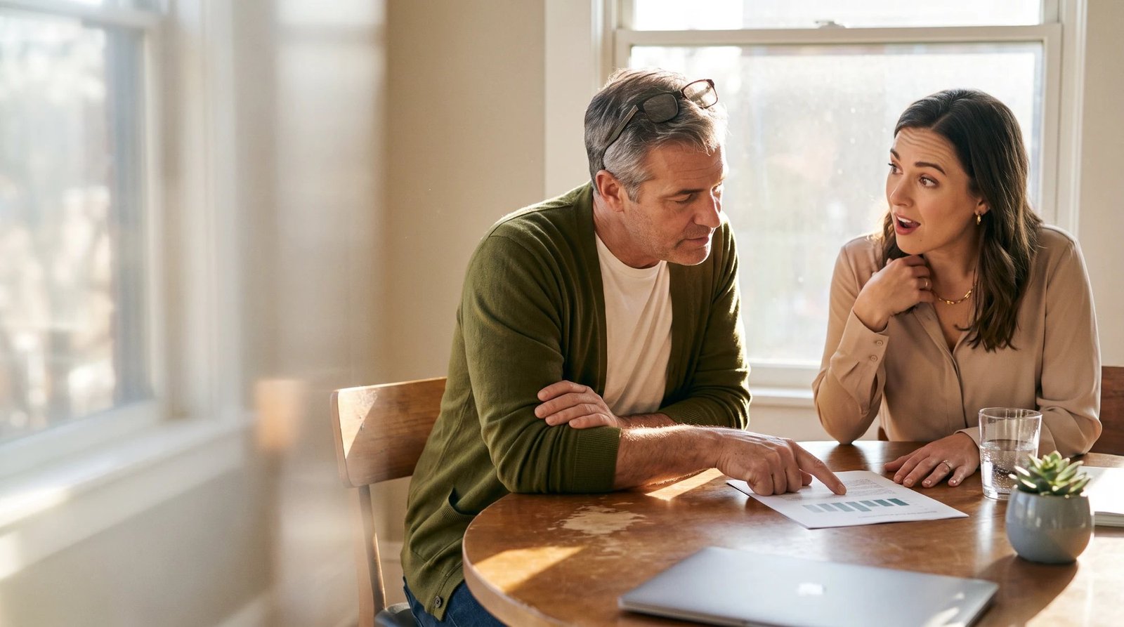 A gray-haired man in an olive cardigan pointing to a printed bar chart on a round wooden table while a woman in a beige blouse listens, with a closed laptop, a glass of water, and a small succulent in a sunlit room