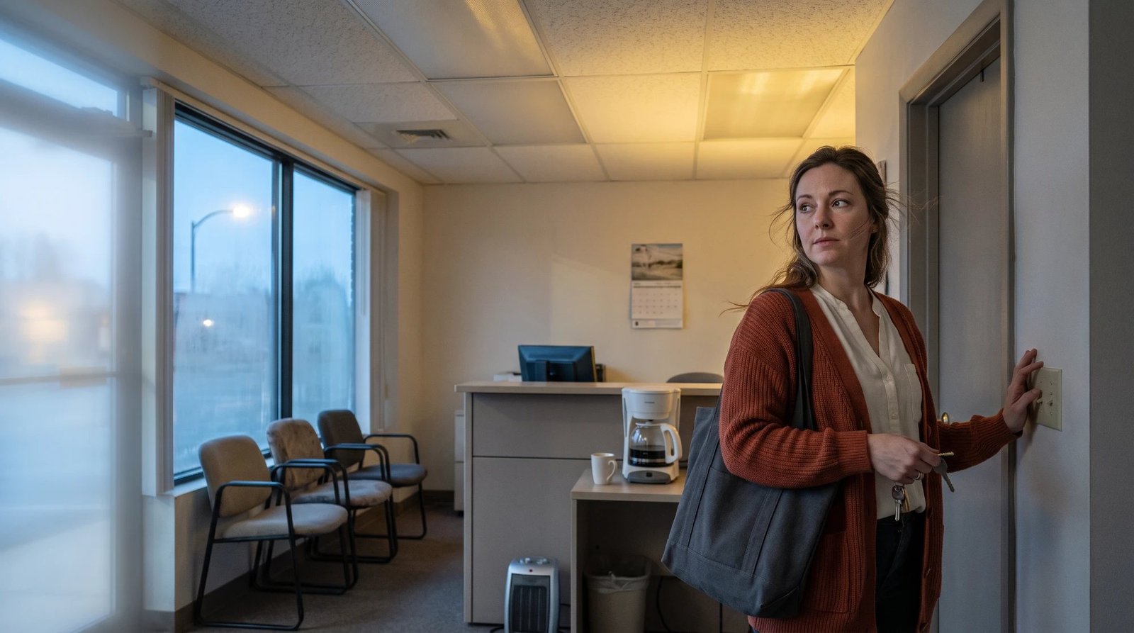 A woman in a rust cardigan with a tote bag and keys switching on the lights of a small office at dusk, with empty waiting room chairs by the window, a front desk, and a coffee maker